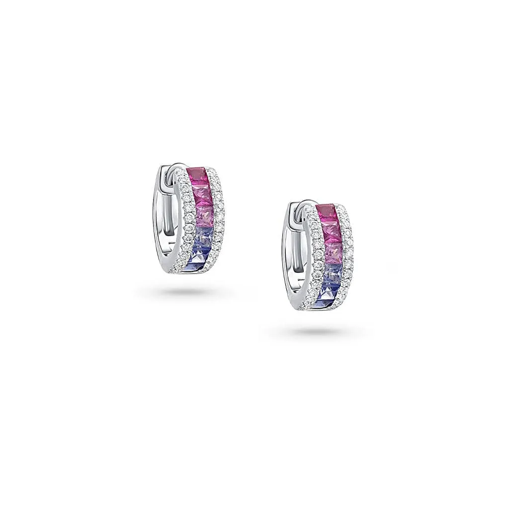 18k White Gold Rainbow Sapphire Diamond Huggie Hoop Earrings