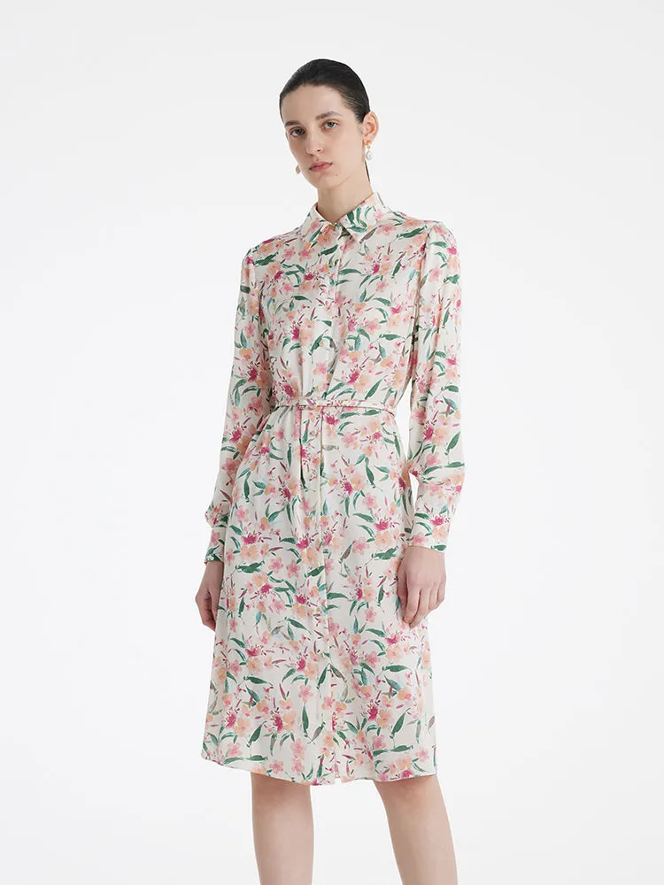 19 Momme Mulberry Silk Floral Printed Women Midi Shirt Dress With Belt