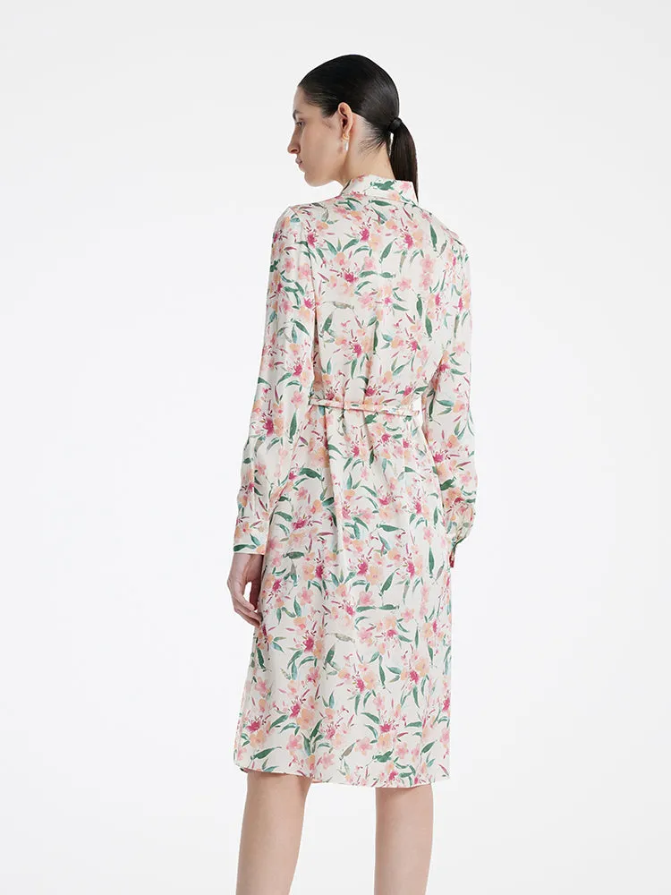 19 Momme Mulberry Silk Floral Printed Women Midi Shirt Dress With Belt