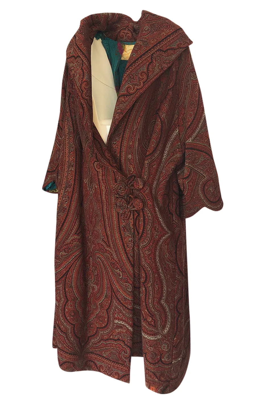 1920s Paisley Shawl Flapper Coat w Blue & Pink Printed Silk Lining