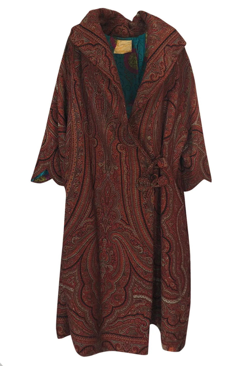 1920s Paisley Shawl Flapper Coat w Blue & Pink Printed Silk Lining