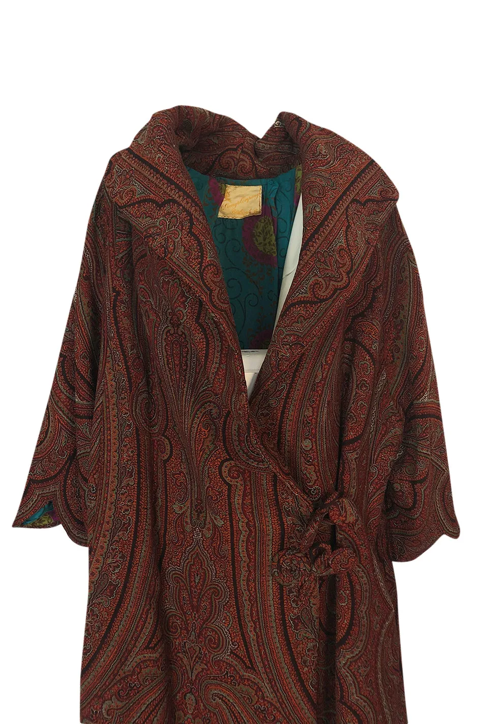 1920s Paisley Shawl Flapper Coat w Blue & Pink Printed Silk Lining