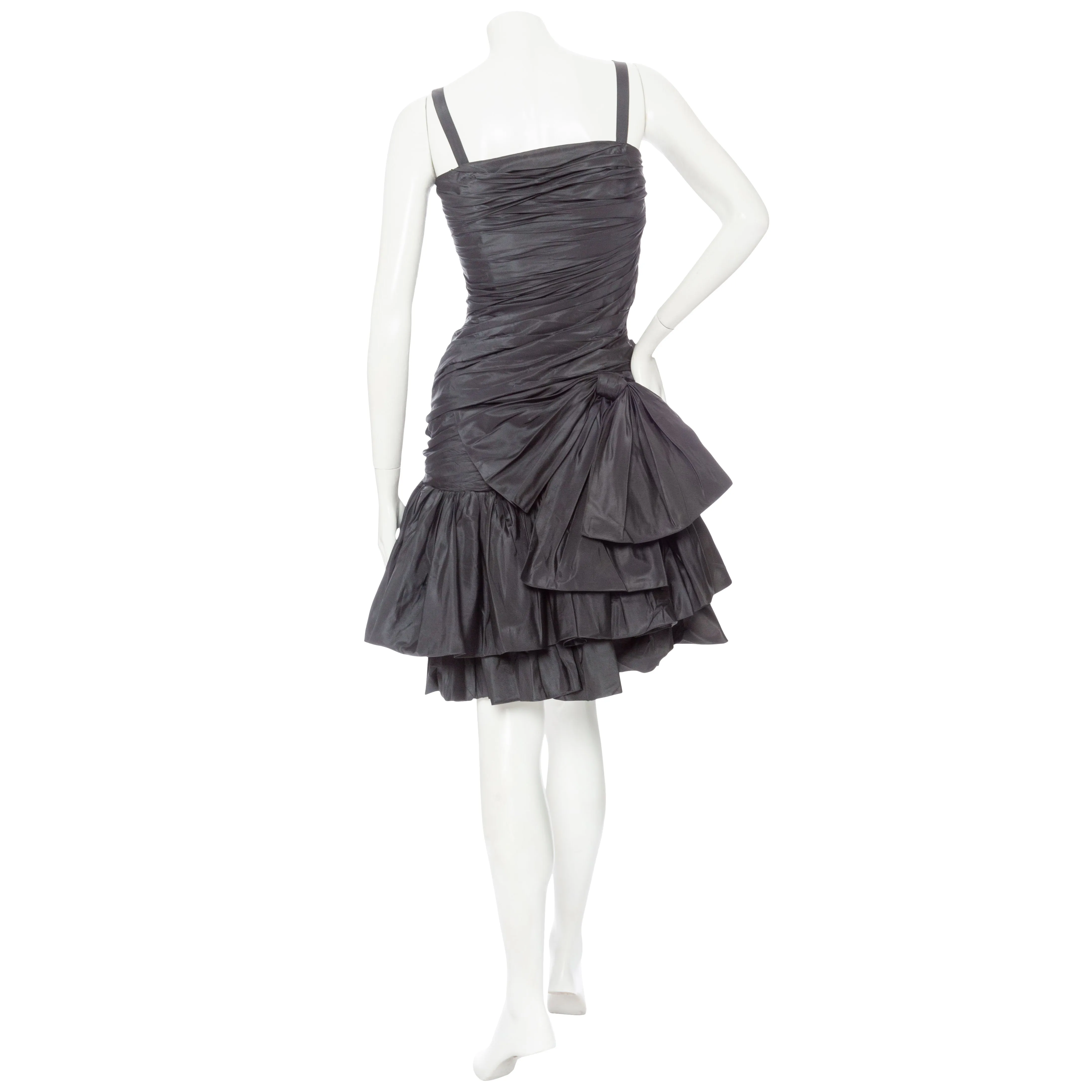 1980s Gray Taffeta Ruched Cocktail Dress