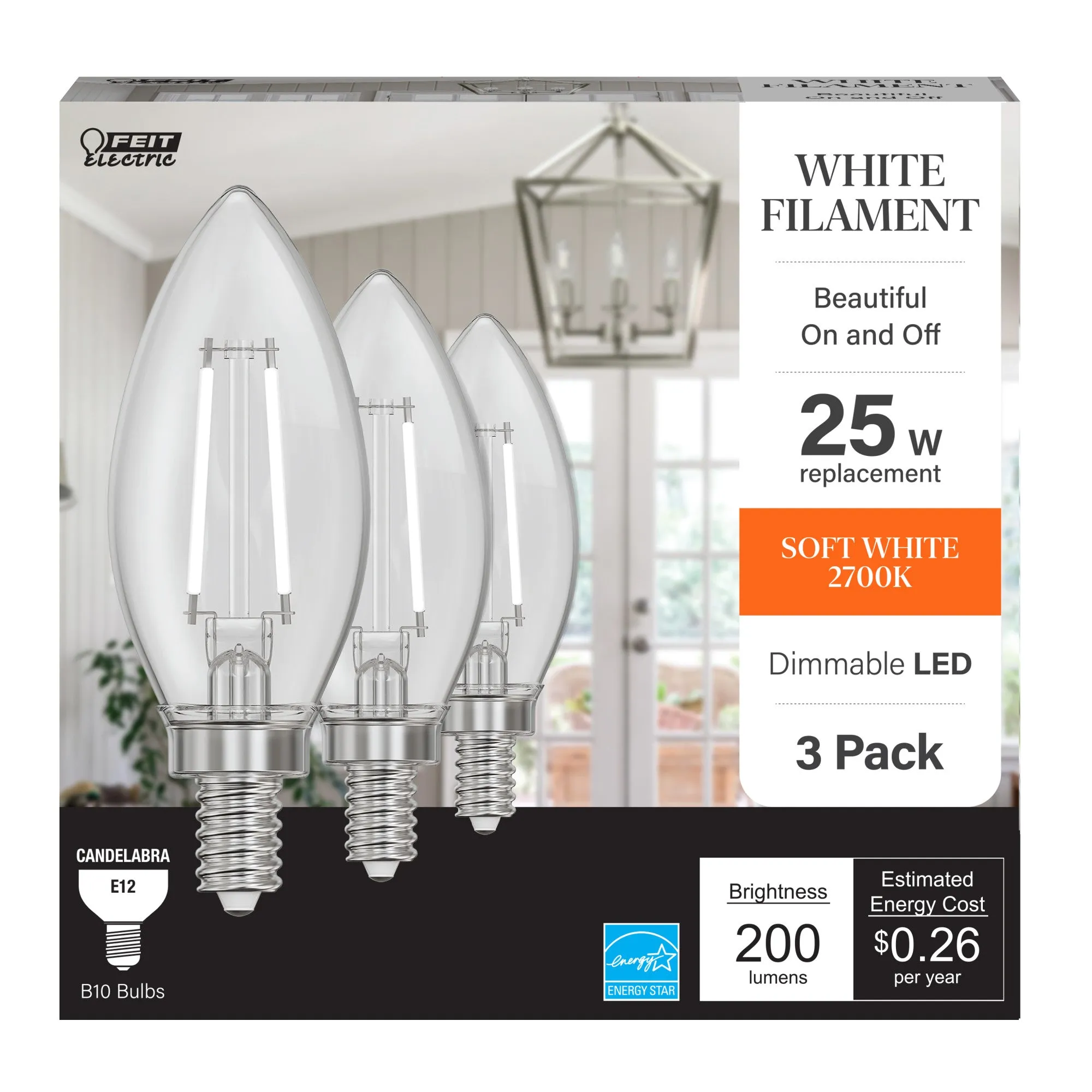 2.2W (25W Replacement) Soft White (2700K) B10 Shape (E12 Base) Torpedo Tip Exposed White Filament LED Bulb (3-Pack)