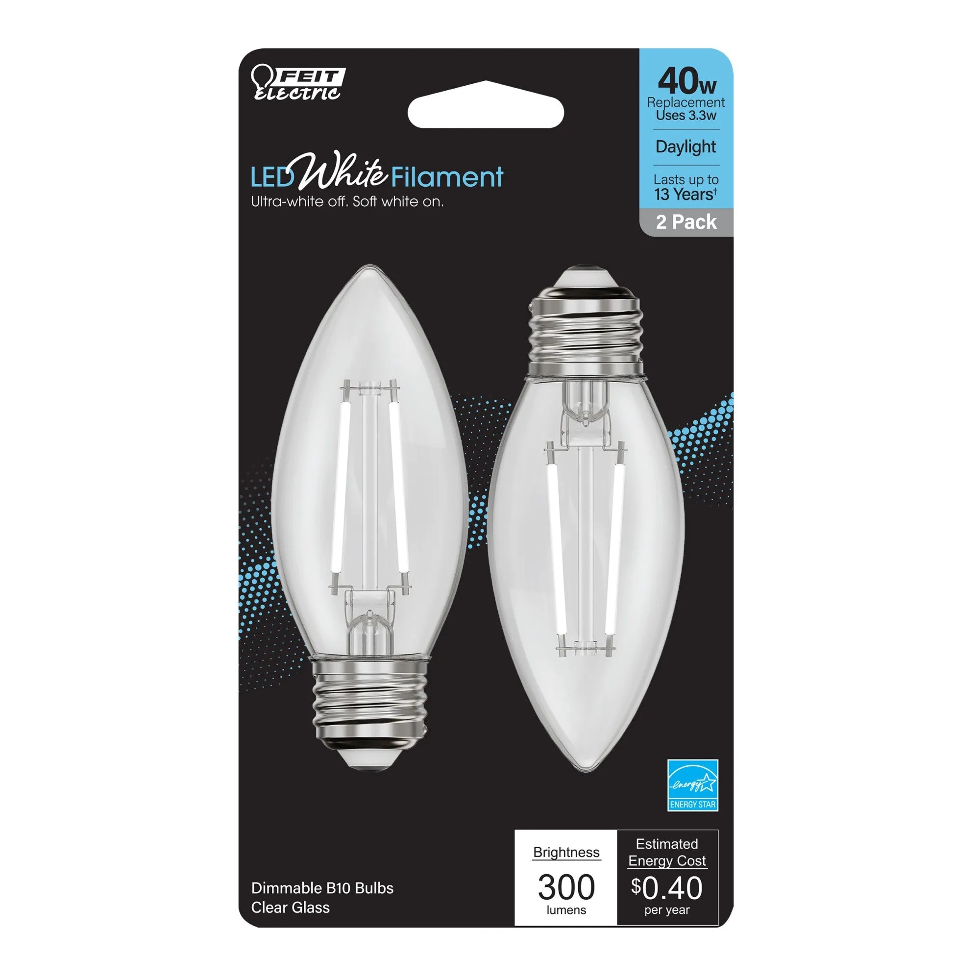 3.3W (40W Equivalent) Daylight White (5000K) B10 (E26 Base) Torpedo Tip Exposed White Filament LED Bulb (2-Pack)