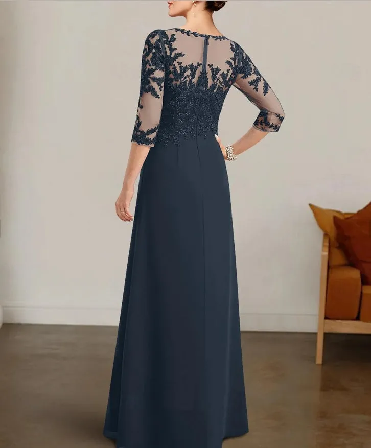 A-Line Mother of the Bride Dress Elegant Bateau Neck Floor Length Chiffon Lace with 3/4 Length Sleeve