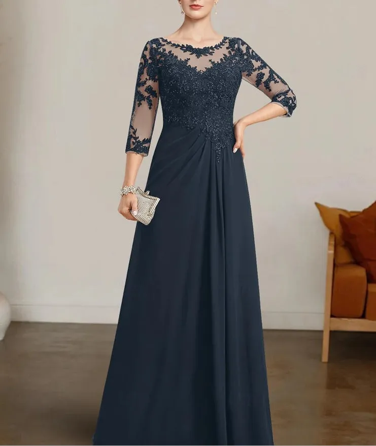 A-Line Mother of the Bride Dress Elegant Bateau Neck Floor Length Chiffon Lace with 3/4 Length Sleeve