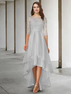 A-Line Mother of the Bride Dress Elegant High Low Jewel Neck Asymmetrical Chiffon Lace Half Sleeve with Appliques Cascading Ruffles