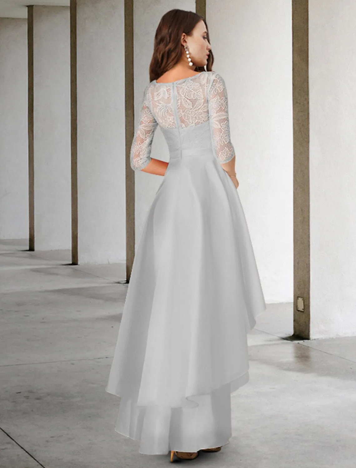 A-Line Mother of the Bride Dress Elegant High Low Jewel Neck Asymmetrical Chiffon Lace Half Sleeve with Appliques Cascading Ruffles