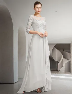 A-Line Mother of the Bride Dress Elegant High Low Jewel Neck Sweep / Brush Train Asymmetrical Chiffon Lace 3/4 Length Sleeve with Pleats Appliques