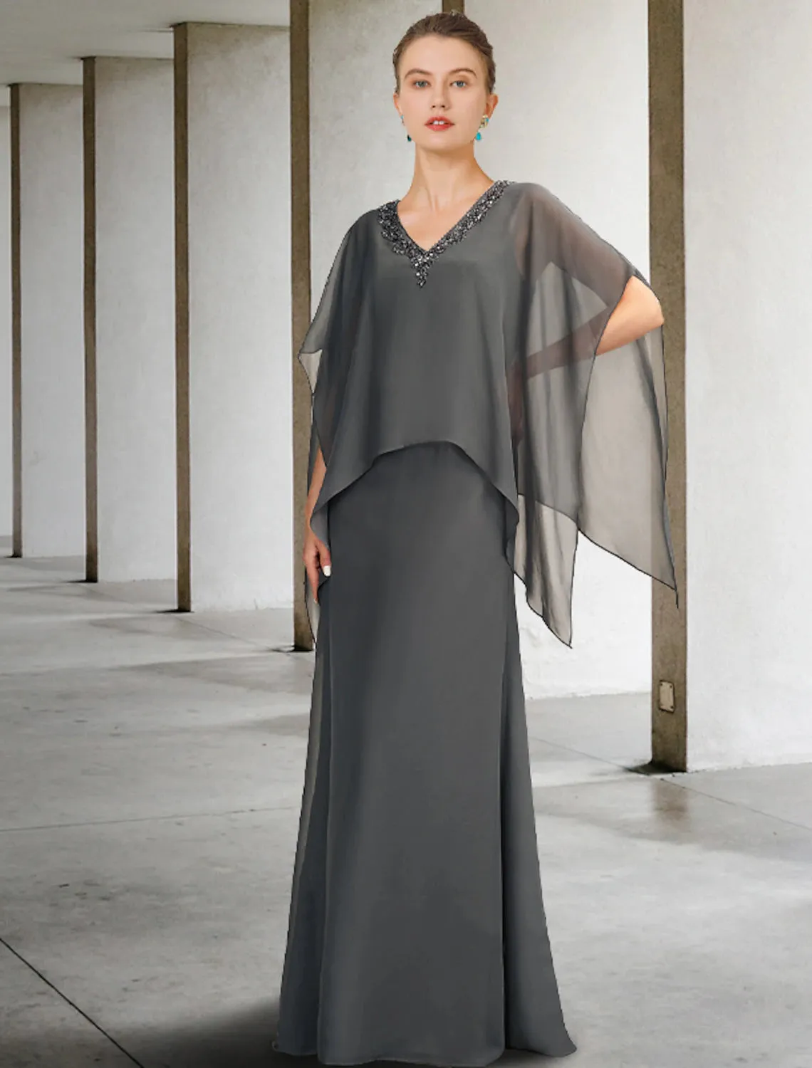 A-Line Mother of the Bride Dress Luxurious Elegant V Neck Floor Length Chiffon Sleeveless Shawls with Beading Ruffles