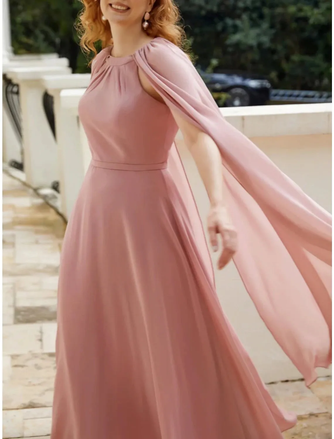 A-Line Mother of the Bride Dress Wedding Guest Elegant Jewel Neck Ankle Length Chiffon Sleeveless with Ruching Solid Color