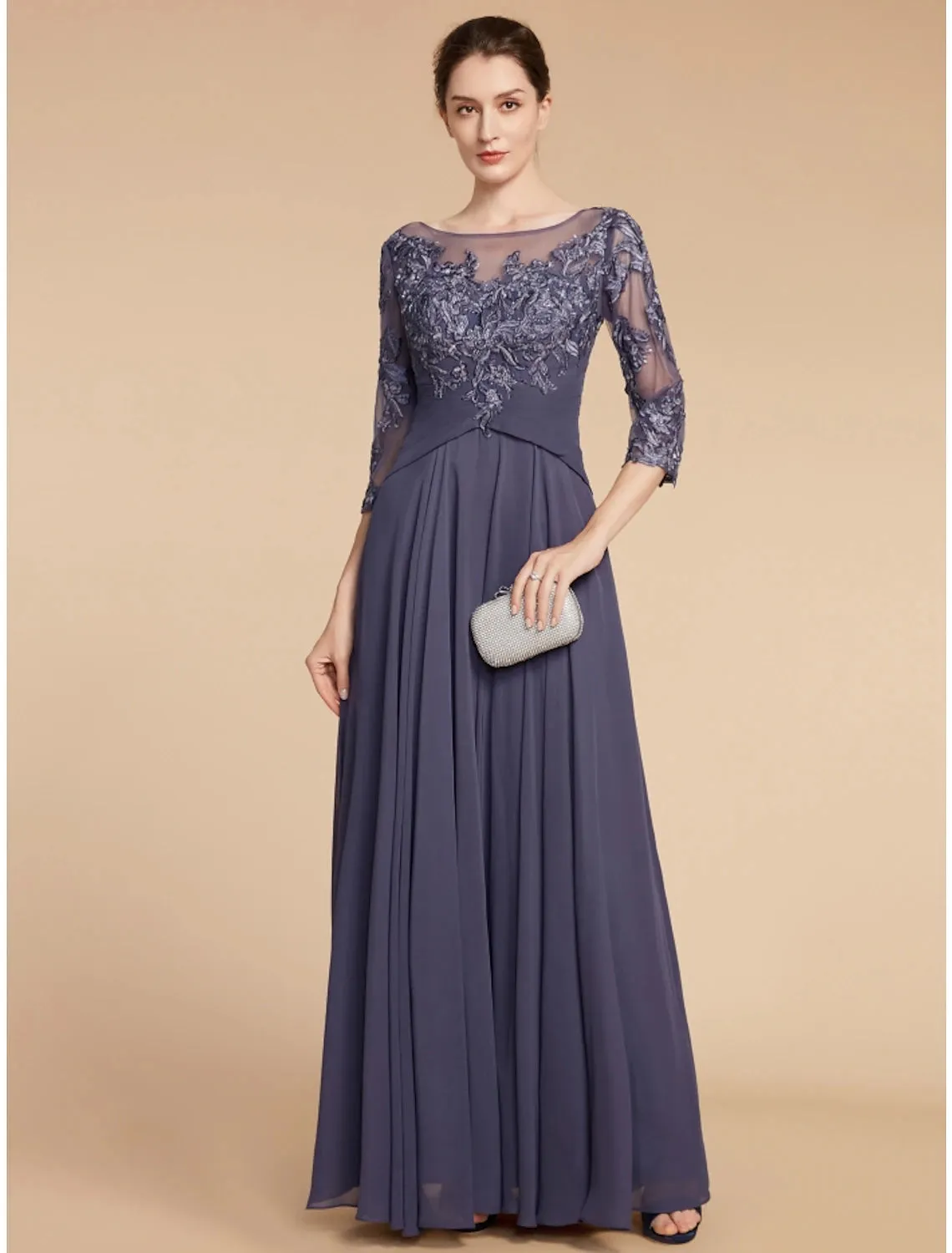 A-Line Mother of the Bride Dress Wedding Guest Elegant Scoop Neck Floor Length Chiffon Lace 3/4 Length Sleeve with Ruching Solid Color