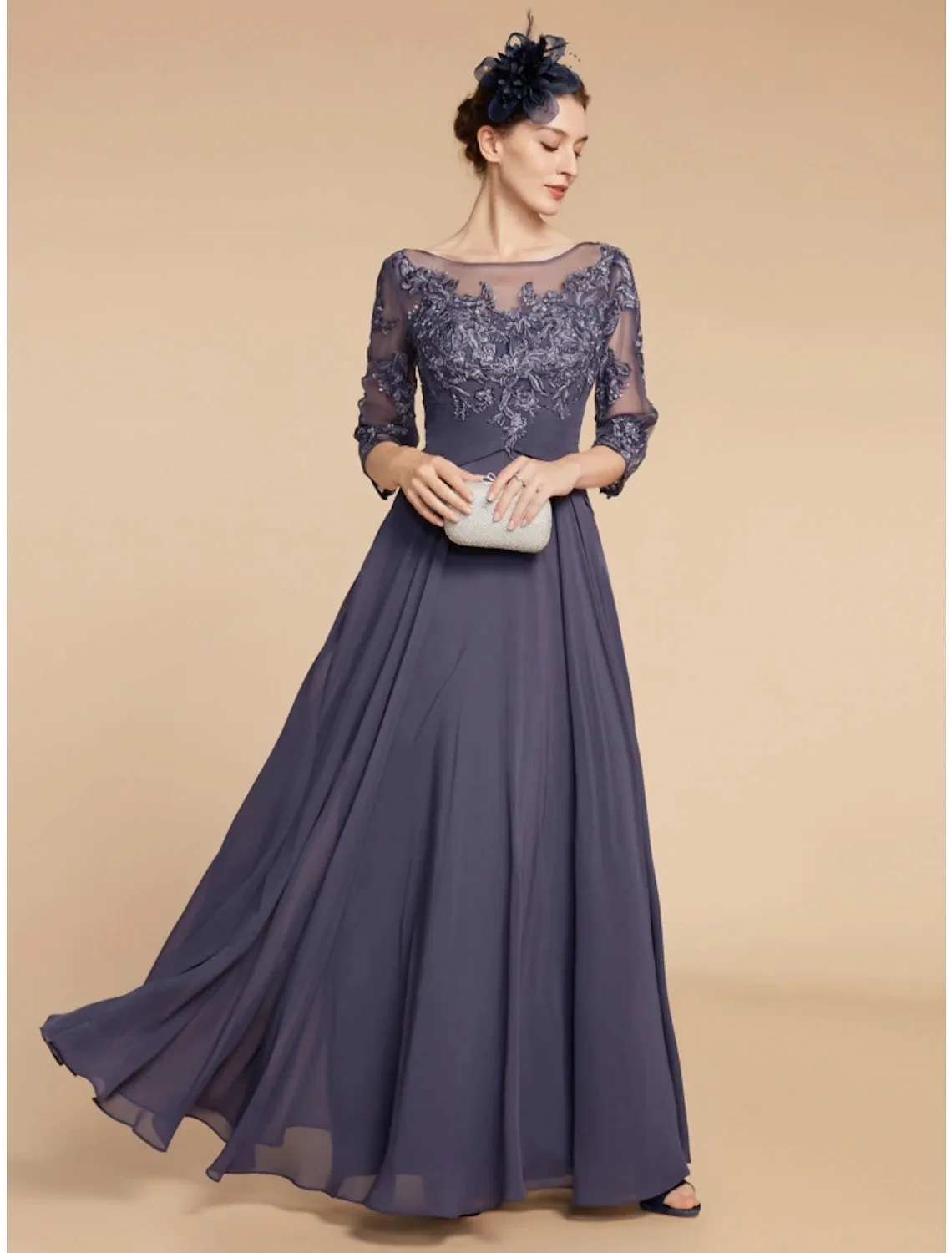 A-Line Mother of the Bride Dress Wedding Guest Elegant Scoop Neck Floor Length Chiffon Lace 3/4 Length Sleeve with Ruching Solid Color