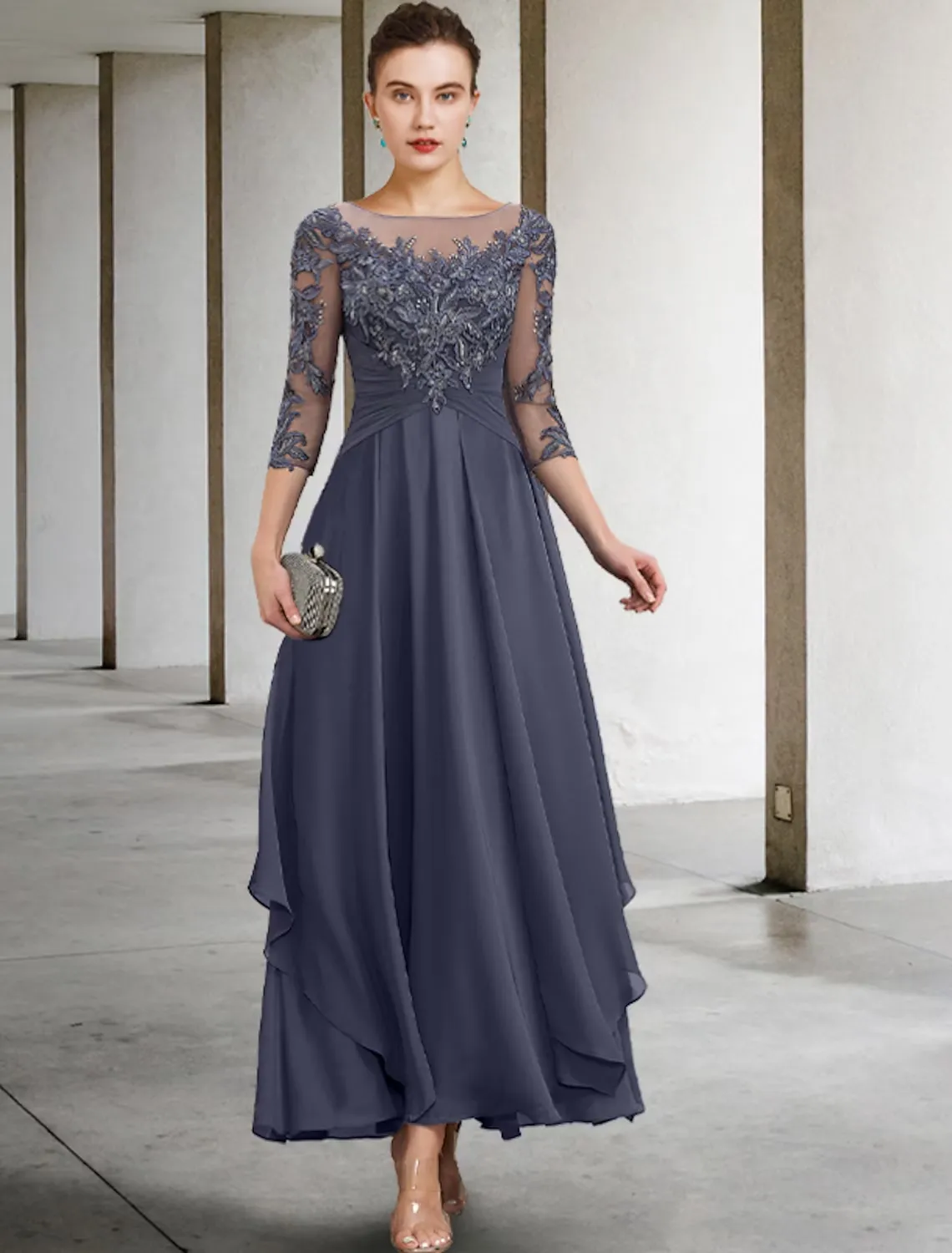 A-Line Mother of the Bride Dress Wedding Guest Plus Size Elegant Jewel Neck Ankle Length Chiffon Lace 3/4 Length Sleeve with Ruched Sequin Appliques