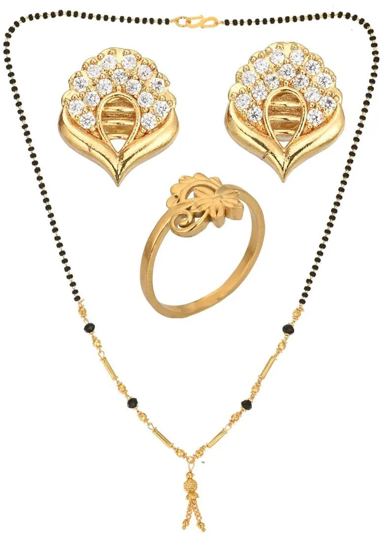 AanyaCentric Gold-plated Jewelry Combo: Elegant Short Mangalsutra, Finger Ring, and American Diamond Earrings Set