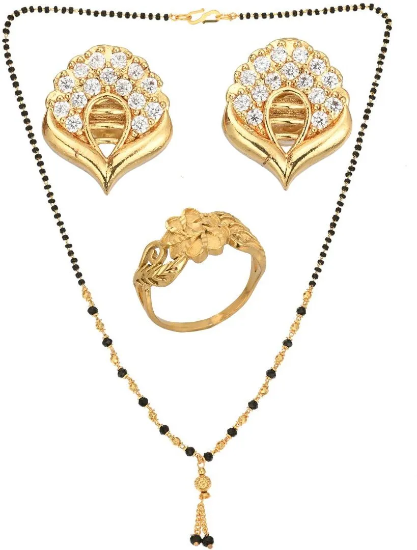 AanyaCentric Gold-plated Jewelry Combo: Elegant Short Mangalsutra, Finger Ring, and American Diamond Earrings Set