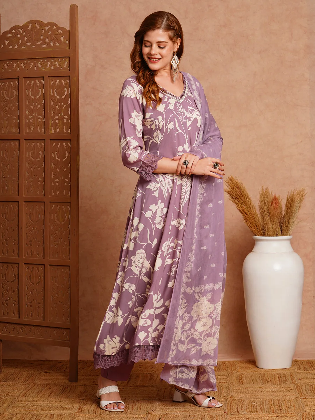 Abstract Printed & Embroidered Anarkali with Pant & Dupatta - Lavender