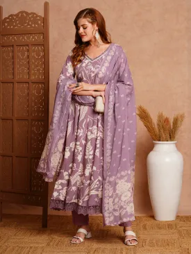 Abstract Printed & Embroidered Anarkali with Pant & Dupatta - Lavender