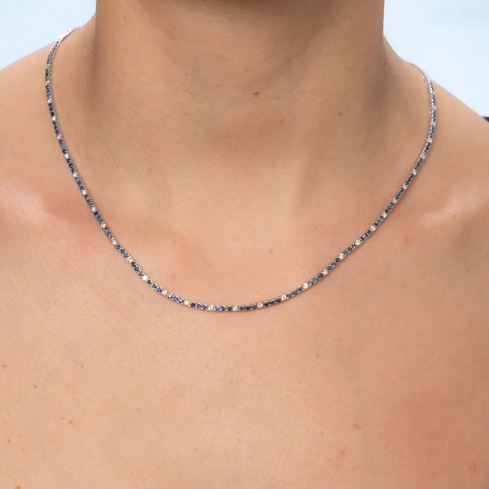 Alternate Diamond & Blue Sapphire Tennis Necklace (5.50 ct.) 3 mm 4-Prongs Setting in 14K Gold