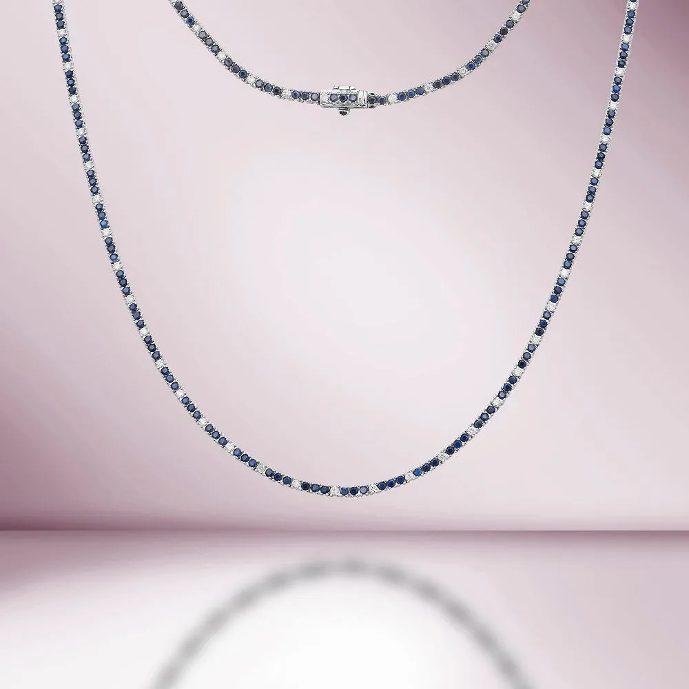 Alternate Diamond & Blue Sapphire Tennis Necklace (5.50 ct.) 3 mm 4-Prongs Setting in 14K Gold