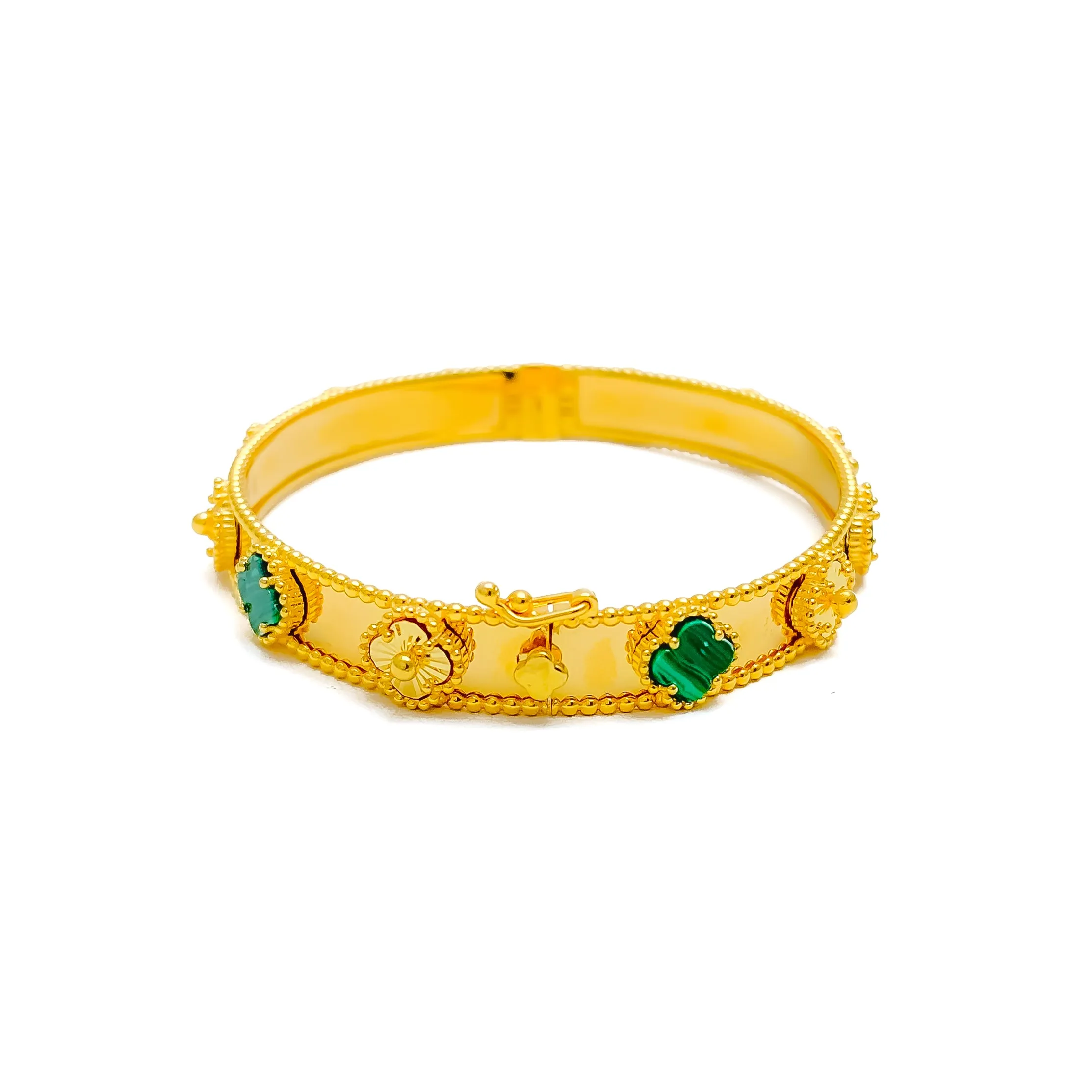 Alternating Clover Malachite 21k Gold Bangle Bracelet