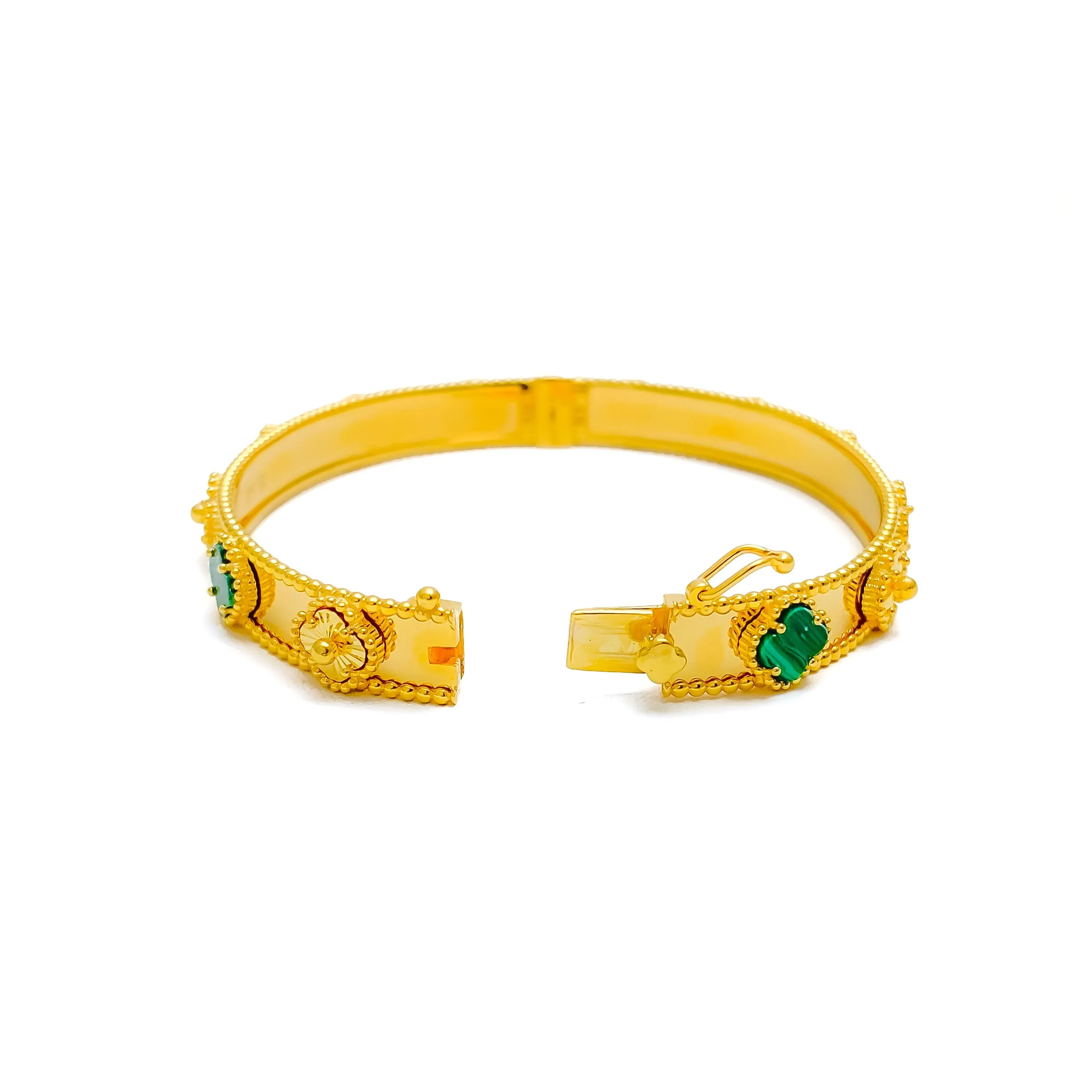 Alternating Clover Malachite 21k Gold Bangle Bracelet