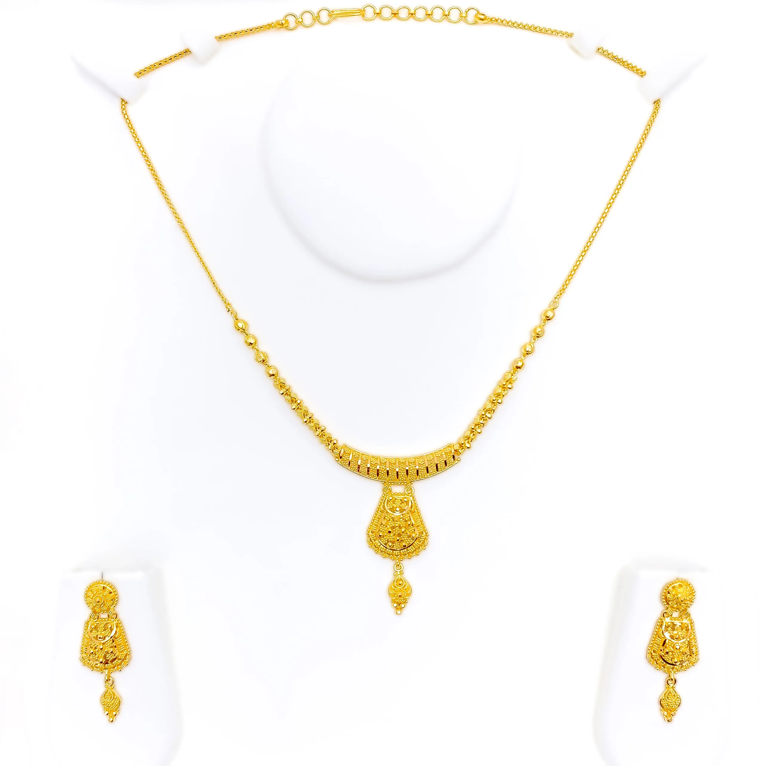 Alternating Striped Floral Mesh 22k Gold Necklace Set