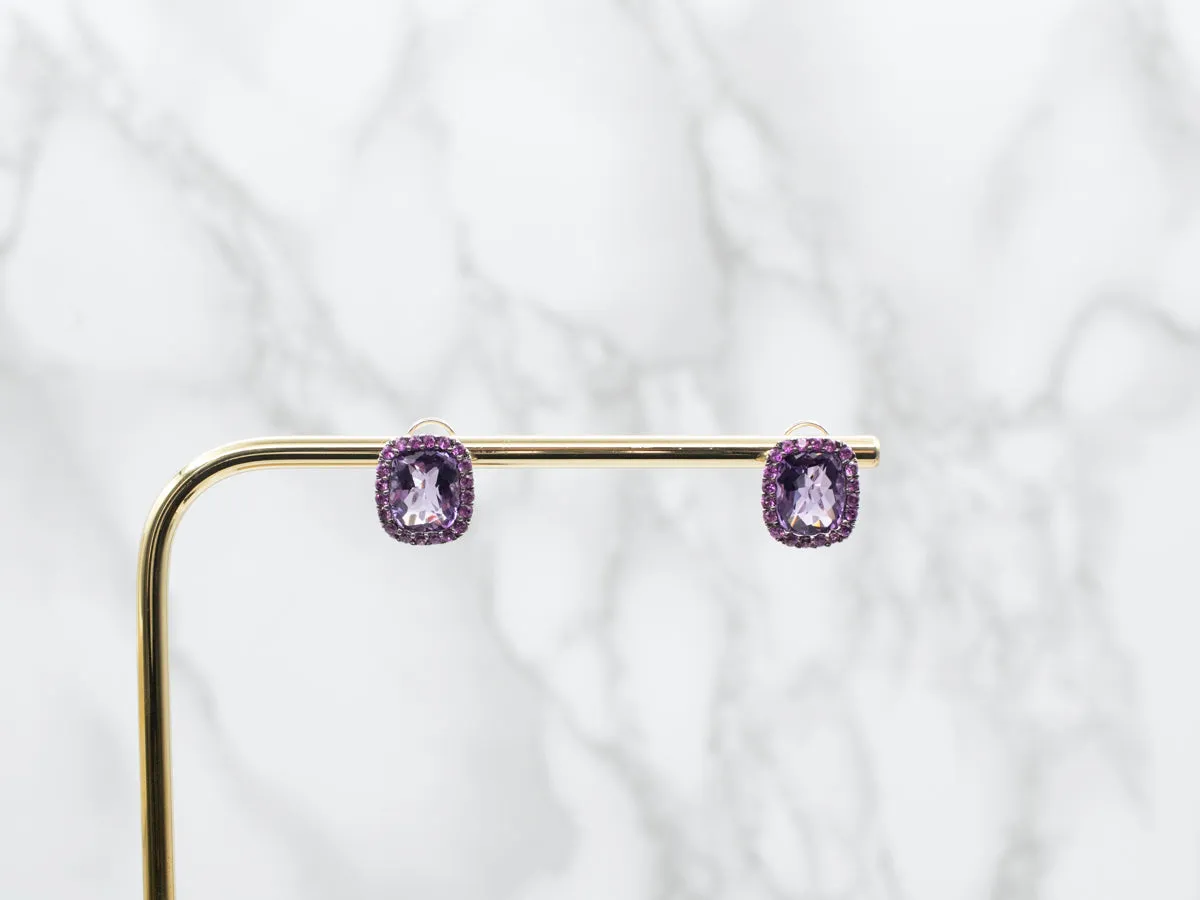 Amethyst Stud Earrings with Pink Sapphire Halo