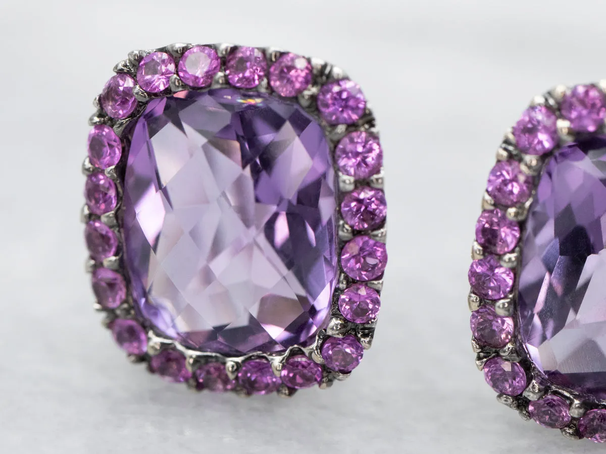 Amethyst Stud Earrings with Pink Sapphire Halo