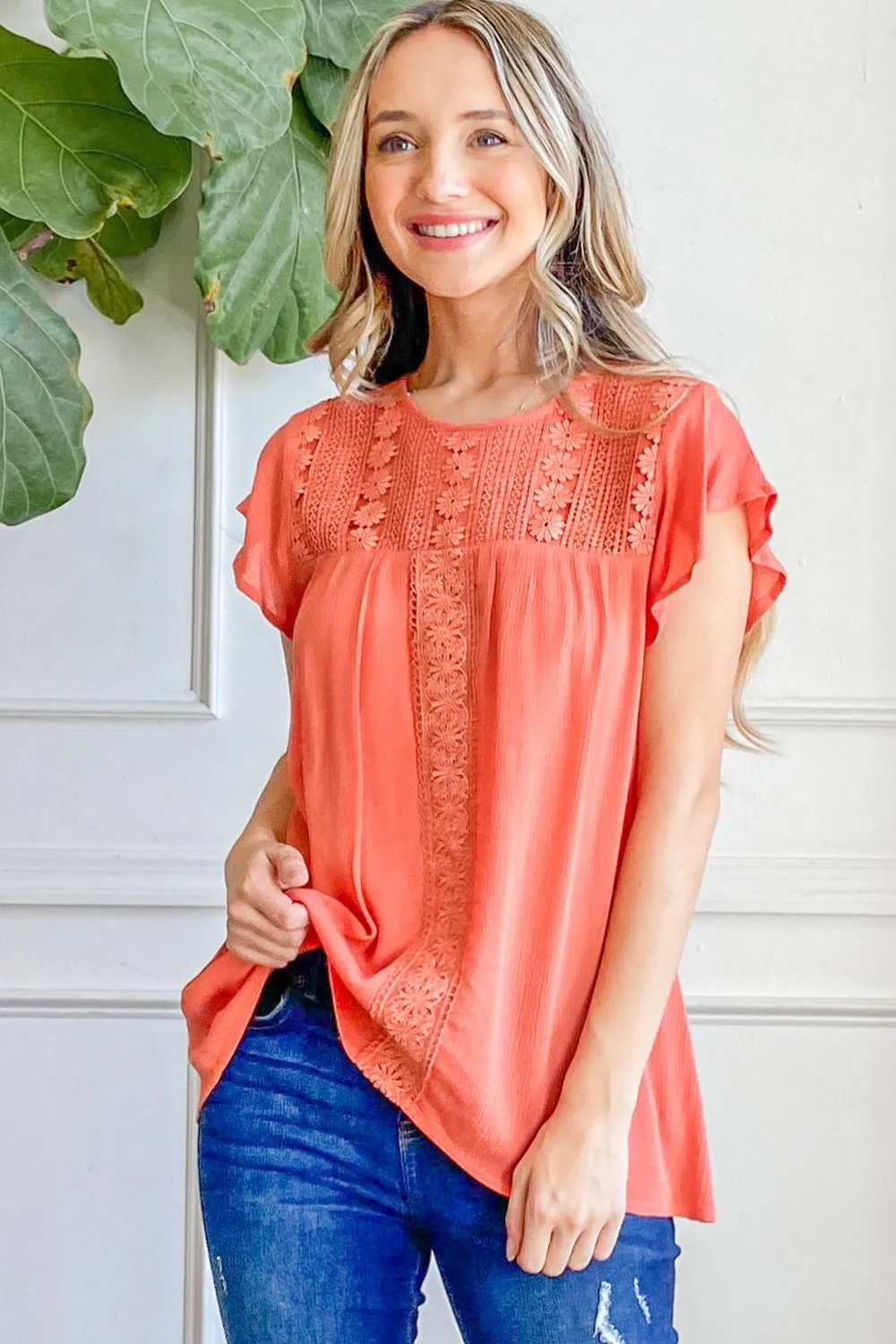 And The Why Lace Detail Ruffle Short Sleeve Blouse Top