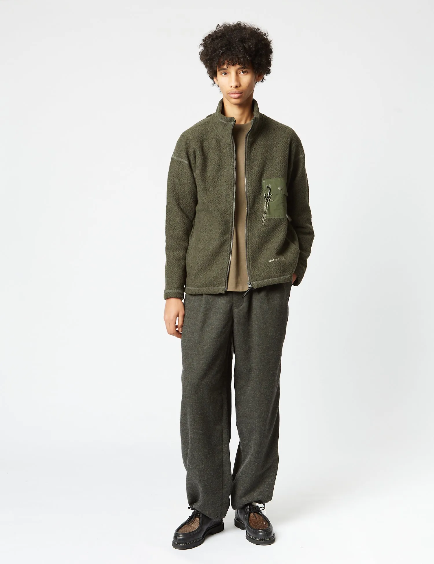 And Wander REWOOL Stand Zip Fleece - Khaki Green