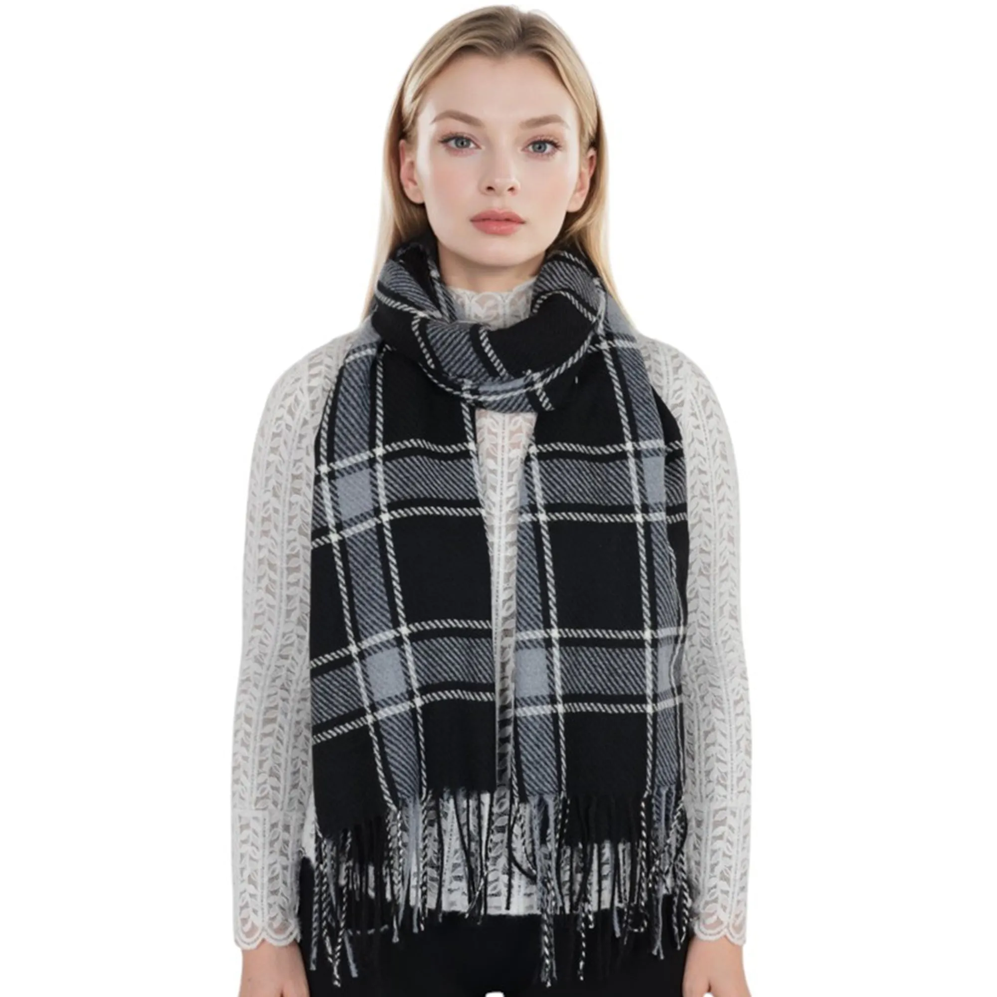 Anna-Kaci Classic Plaid Winter Scarf Cashmere Feel Checked Fringe Wrap Shawls for Women