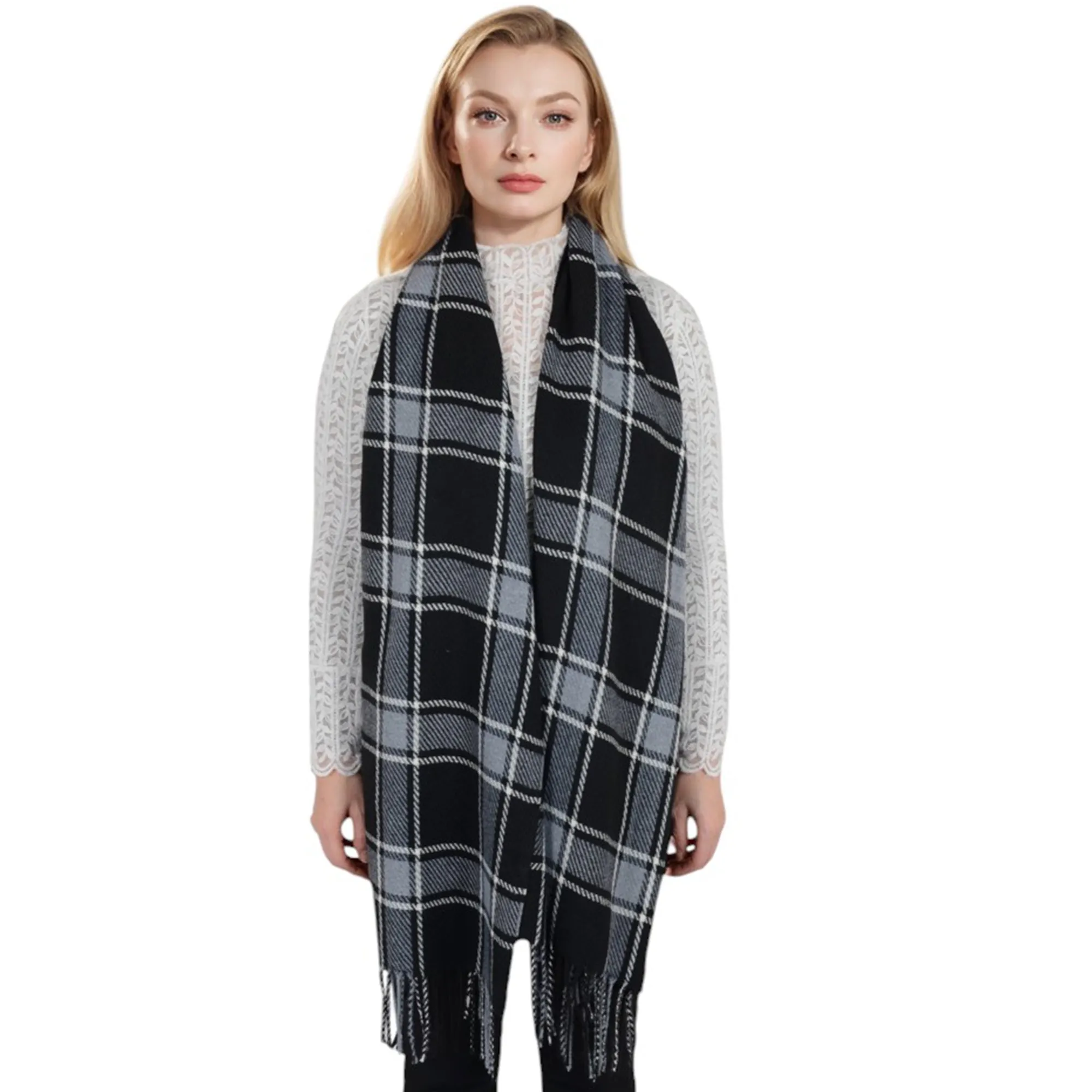 Anna-Kaci Classic Plaid Winter Scarf Cashmere Feel Checked Fringe Wrap Shawls for Women