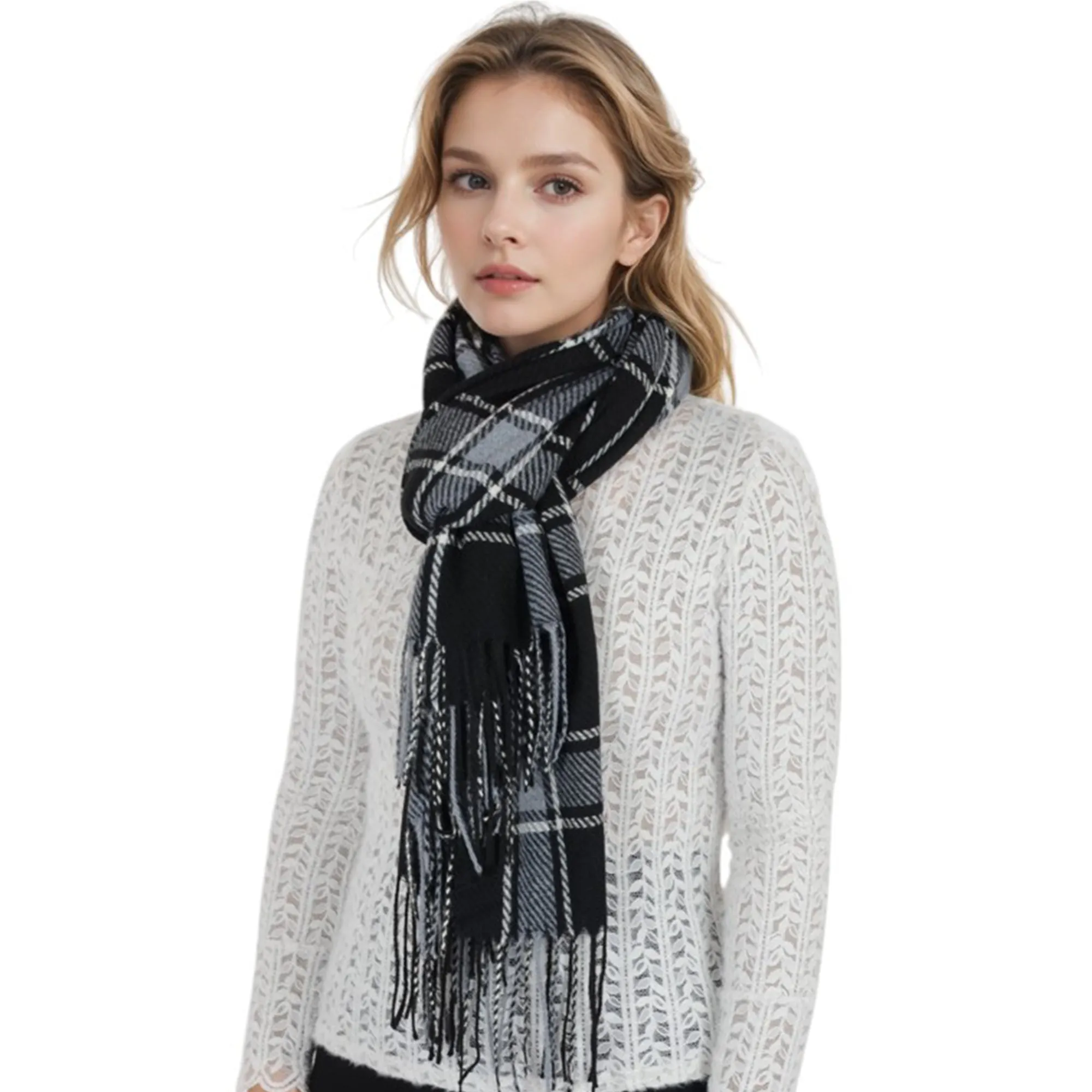 Anna-Kaci Classic Plaid Winter Scarf Cashmere Feel Checked Fringe Wrap Shawls for Women