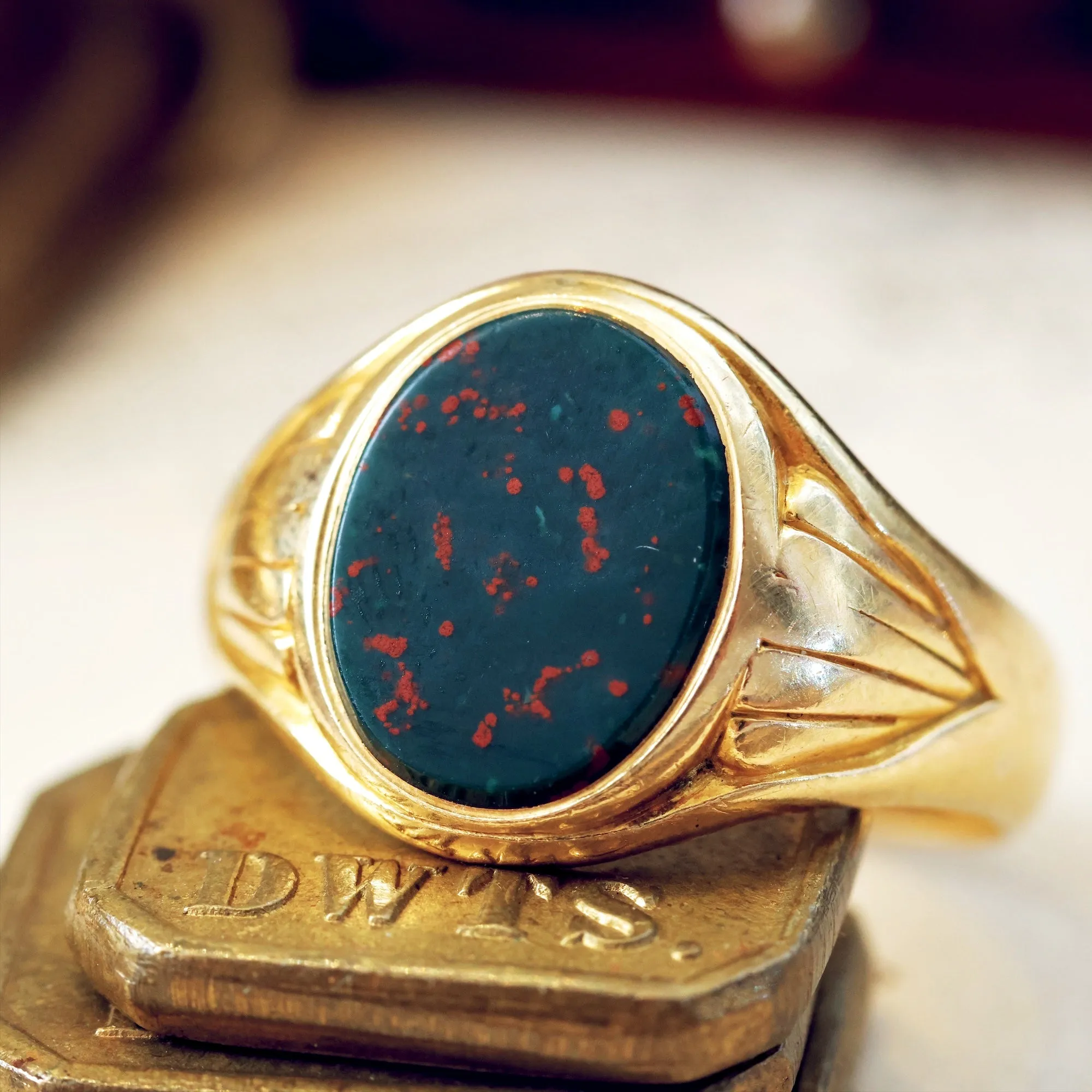 Antique Date 1883 Arts & Crafts Bloodstone Signet Ring