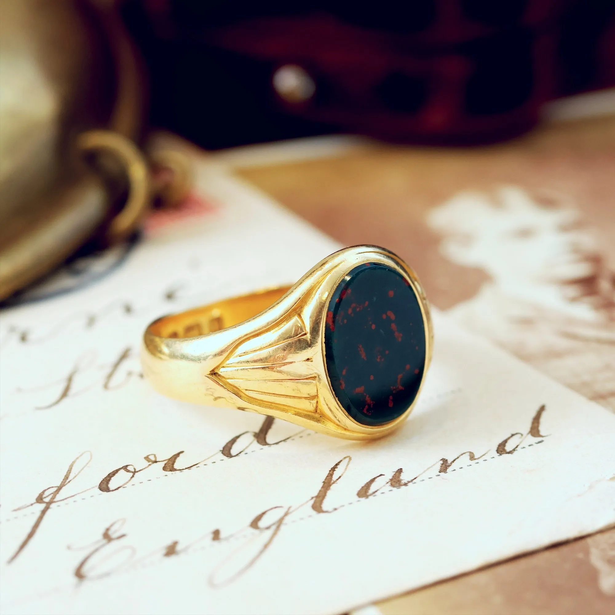 Antique Date 1883 Arts & Crafts Bloodstone Signet Ring