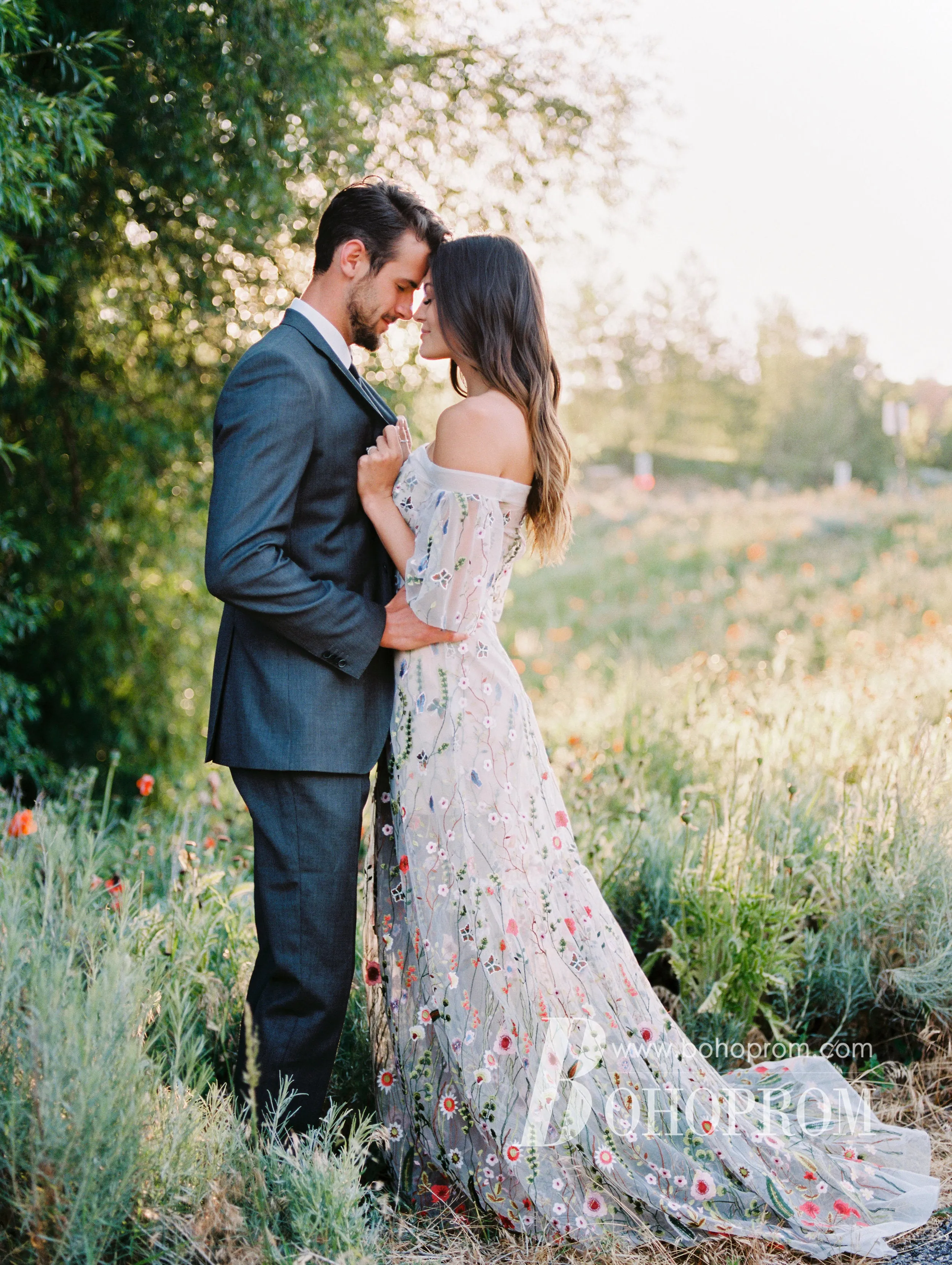 Attractive Floral Lace Off-the-shoulder Neckline A-line Sweep Train Wedding Dresses WD640