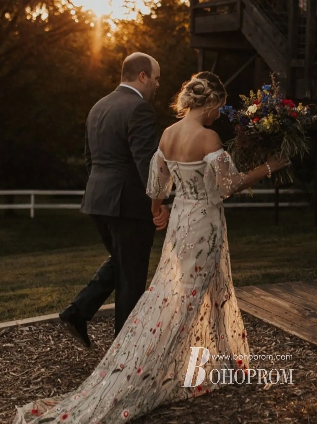 Attractive Floral Lace Off-the-shoulder Neckline A-line Sweep Train Wedding Dresses WD640