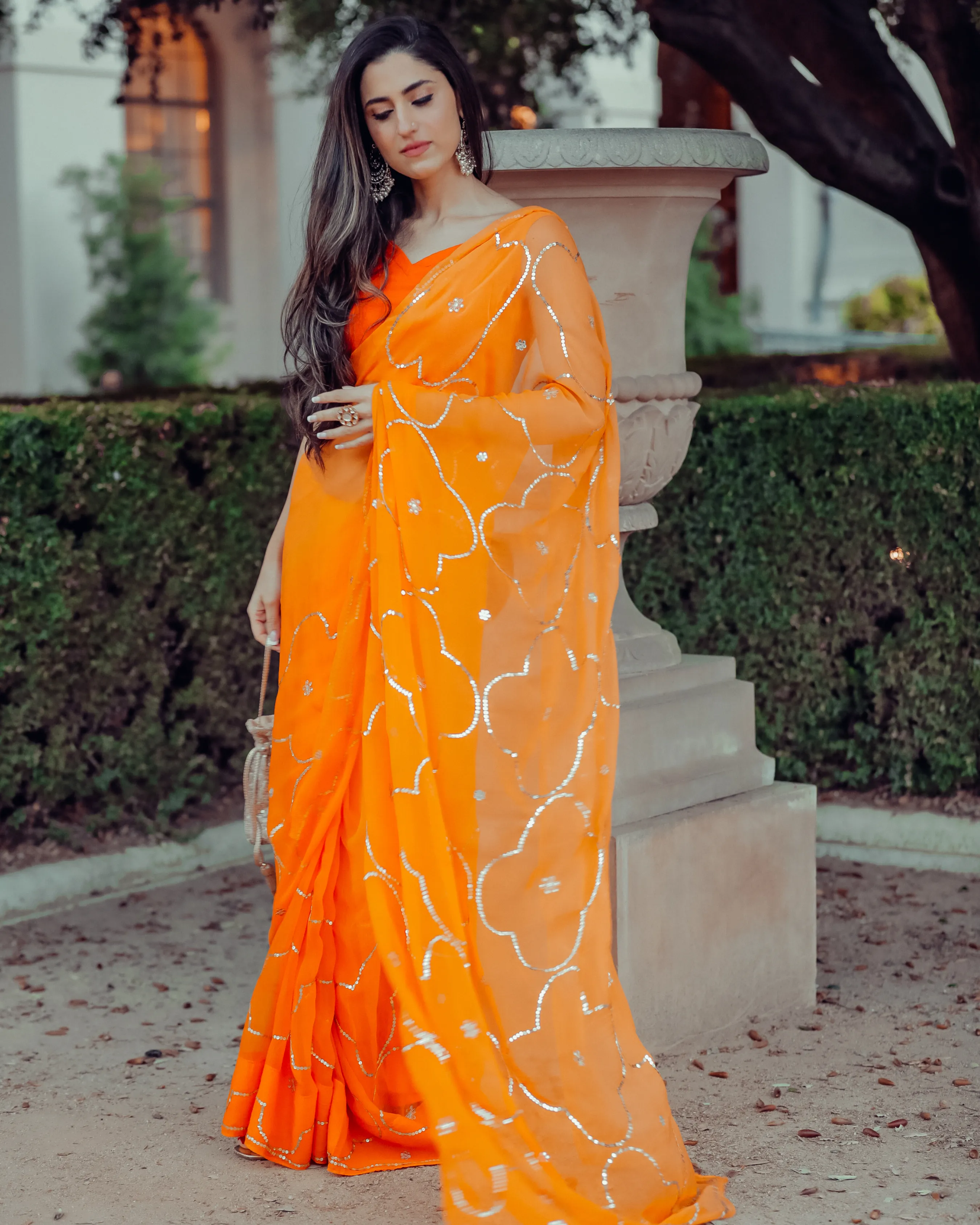 Autum Glory Sequin Jaal Pure Chiffon Saree