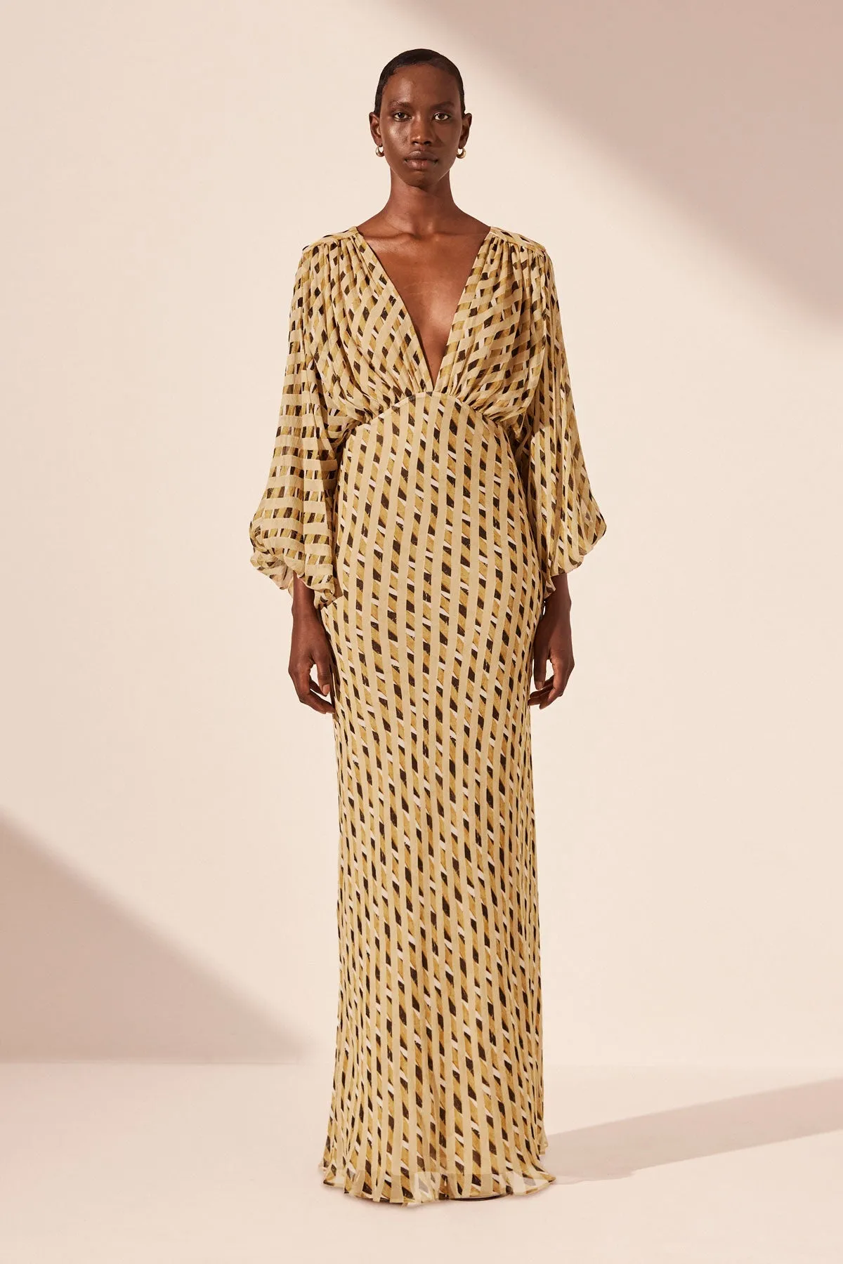 AXEL PLUNGE BALLOON SLEEVE MAXI DRESS