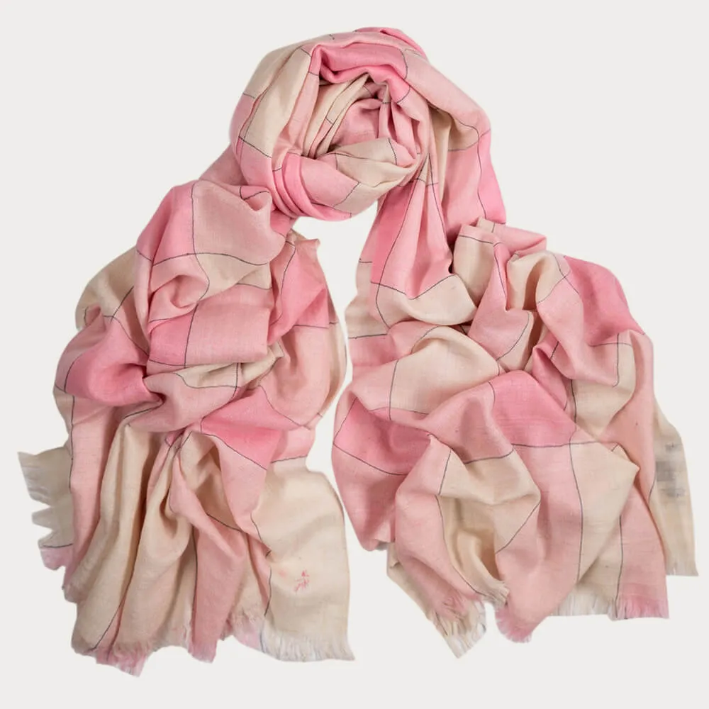 Baby Pink and Ivory Hand Woven Check Cashmere Ring Shawl