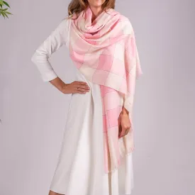 Baby Pink and Ivory Hand Woven Check Cashmere Ring Shawl