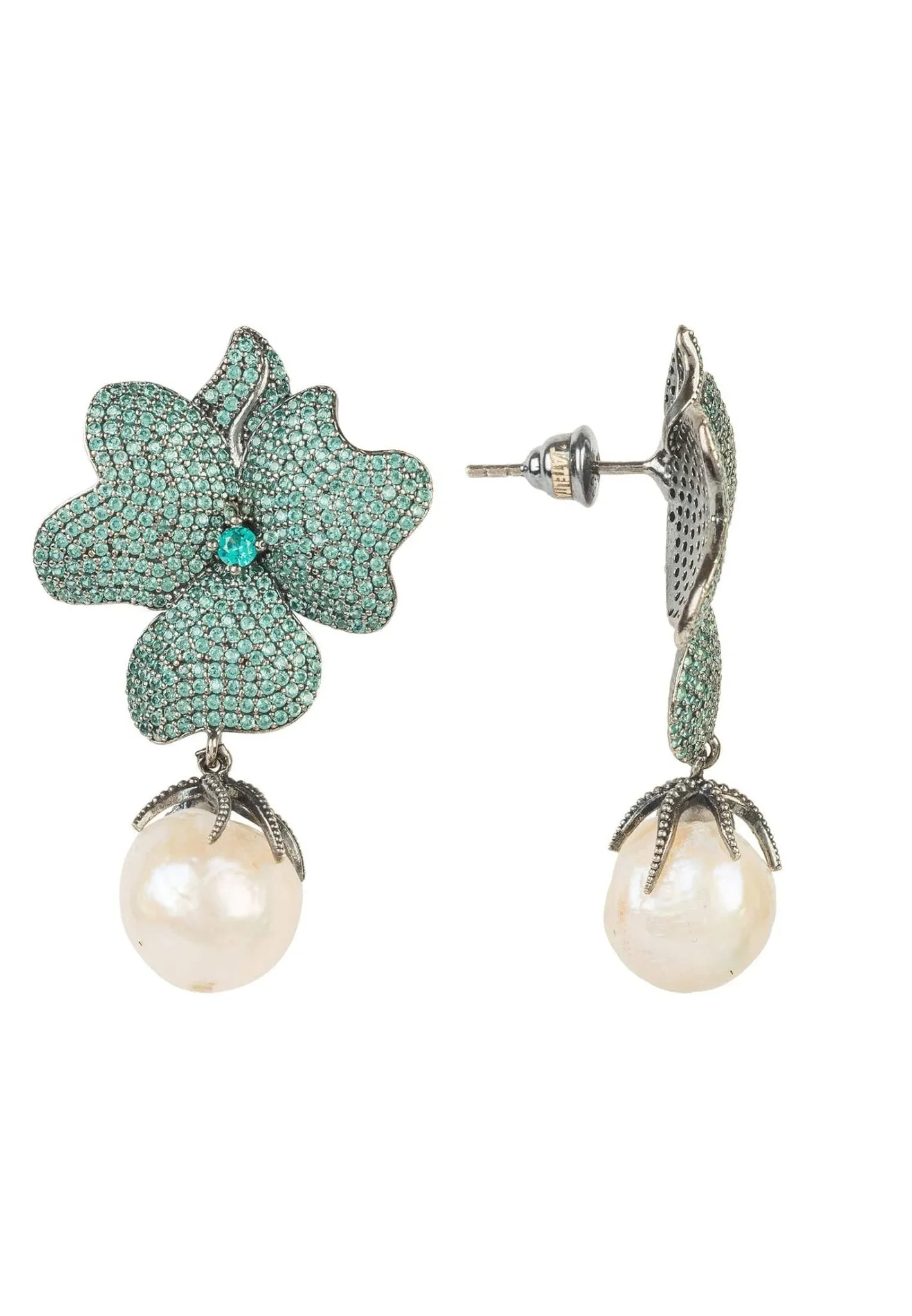 Baroque Pearl Flower Earring Aqua Paraiba Blue Oxidised