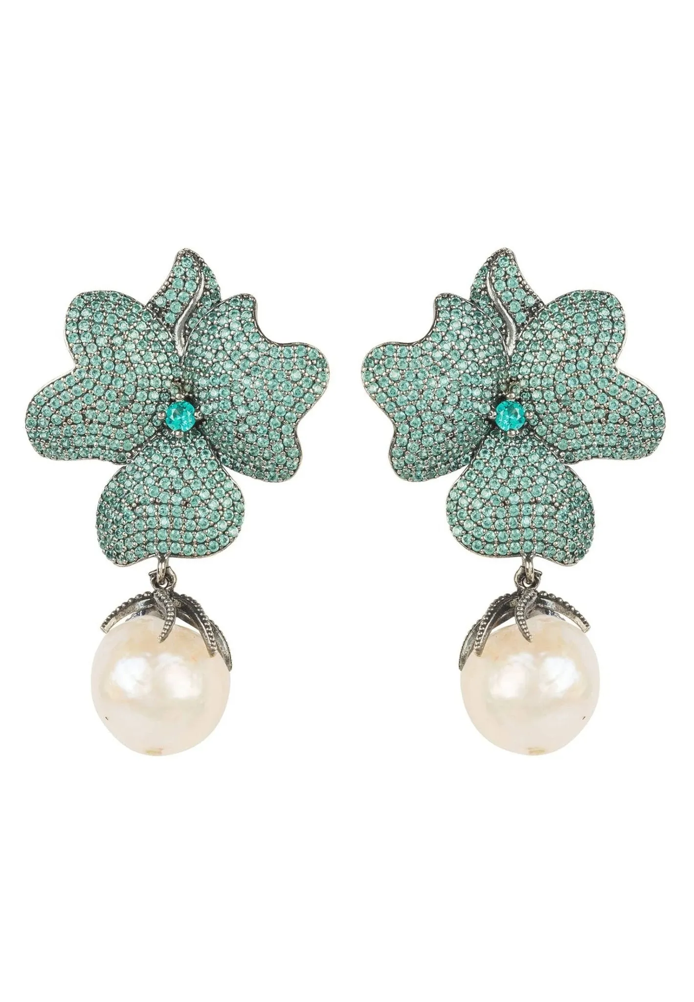 Baroque Pearl Flower Earring Aqua Paraiba Blue Oxidised