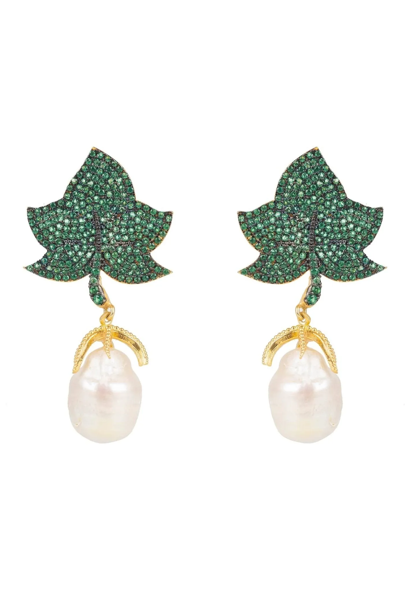 Baroque Pearl Leaf Earring Green Gold