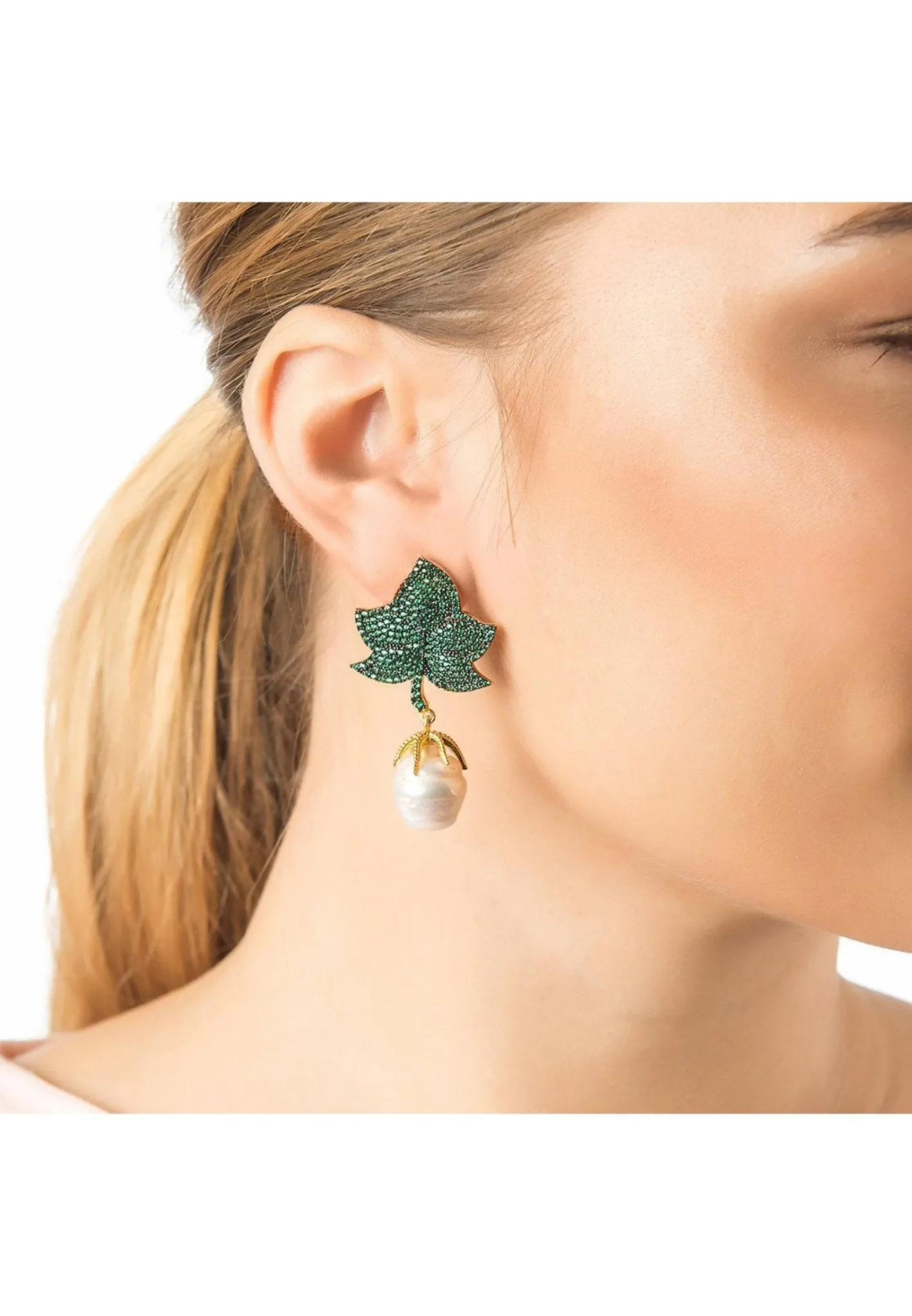 Baroque Pearl Leaf Earring Green Gold