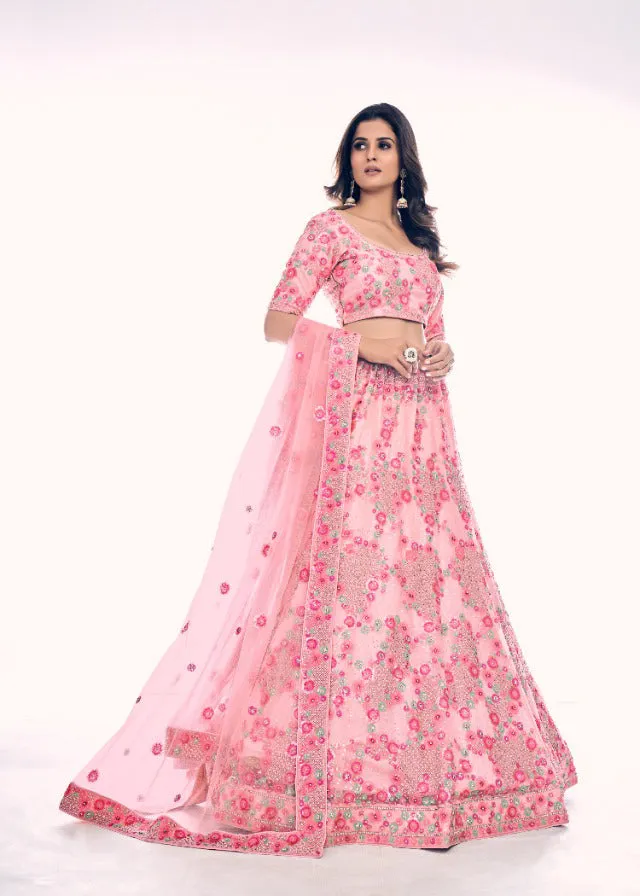 Beautifully designed Pink colored Embroidered Lehenga - Rent