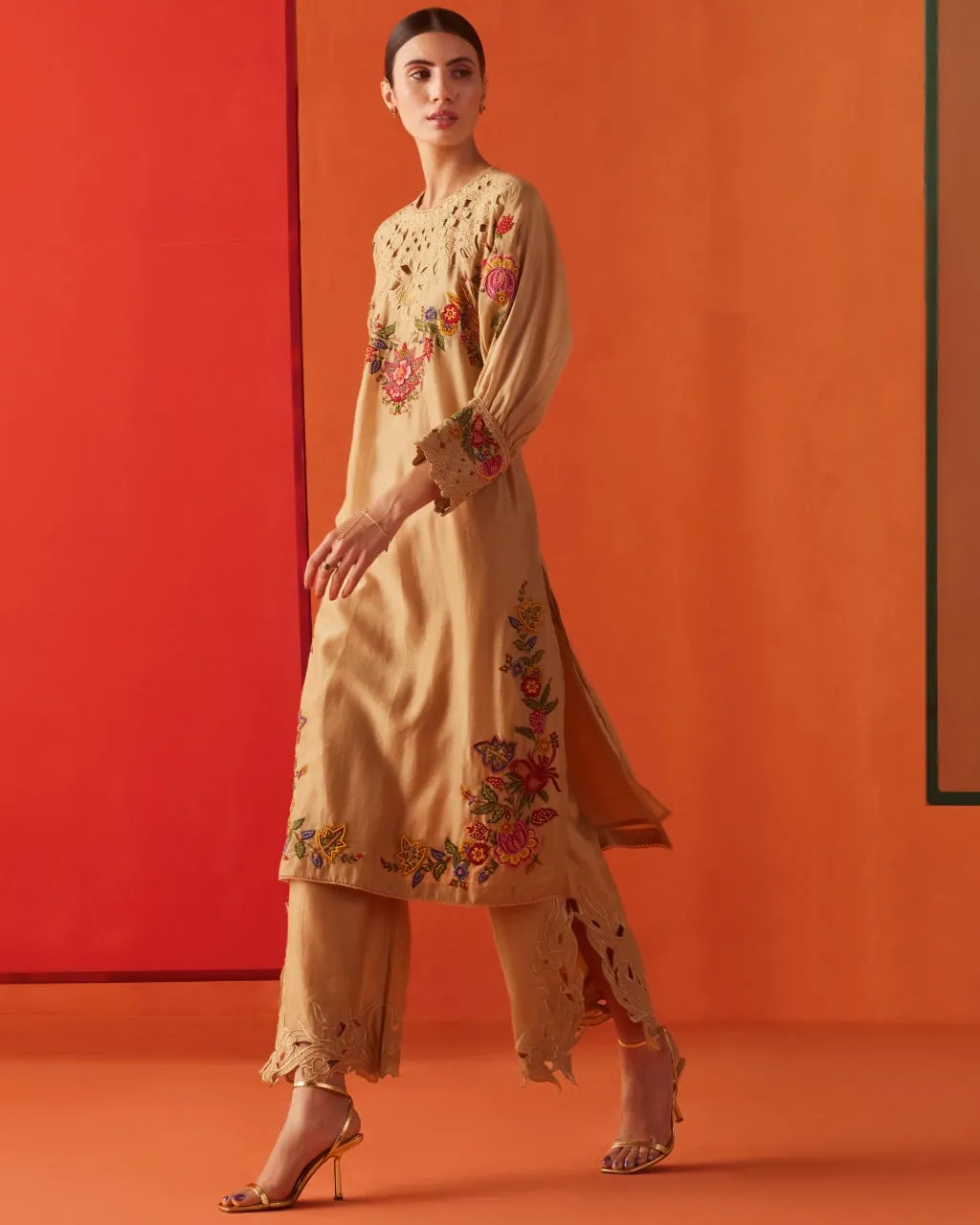 Beige Embroidered And Cutwork Kurta Set