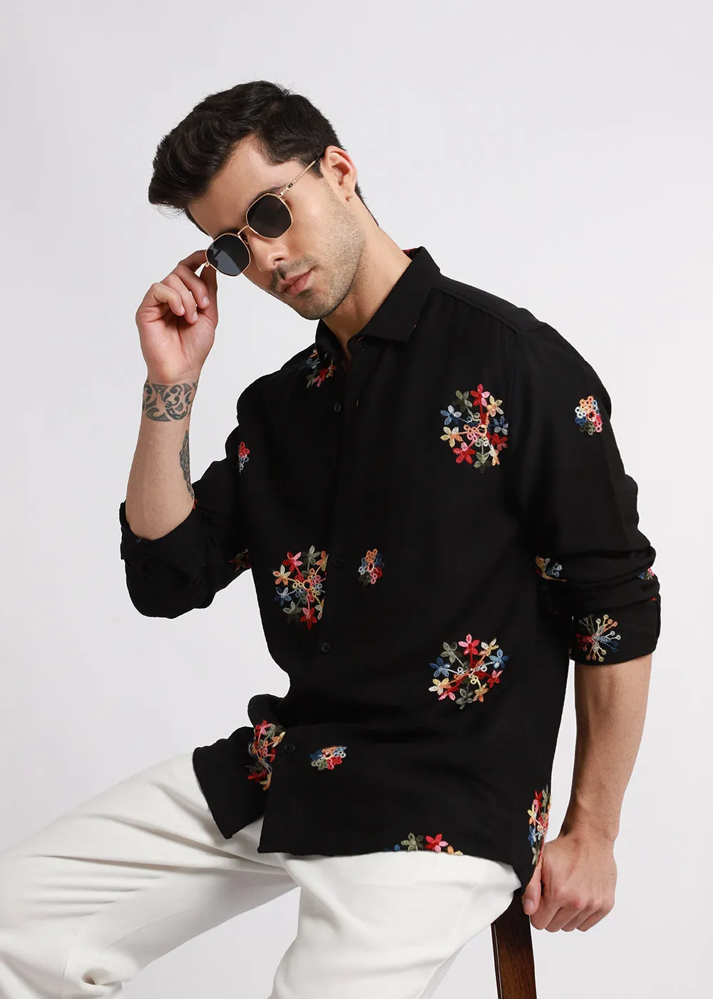 Black Floral Embroidered Shirt